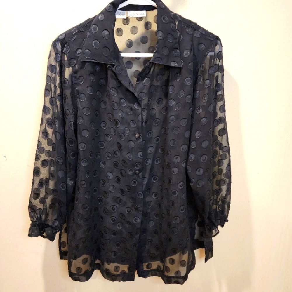 RAFAELLA Women's Elegant Black  Sheer Polka Dot Blouse Size L